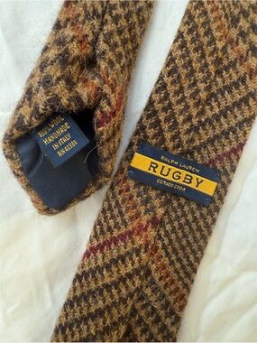 Ralph Lauren Rugby Handmade Italy 100% Wool Houndstooth Plaid Tie Brown Tweed